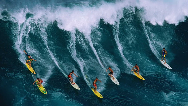 Surfers, beach, big, ocean, seven, huge, wave, HD wallpaper