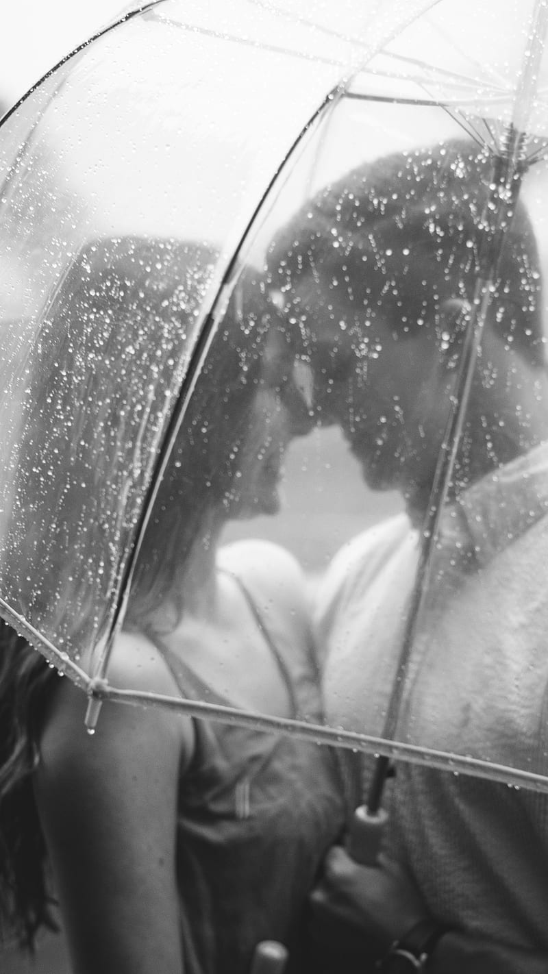 Young couple in the rain , happy, woman, man, black and white, romantic, love, HD phone wallpaper