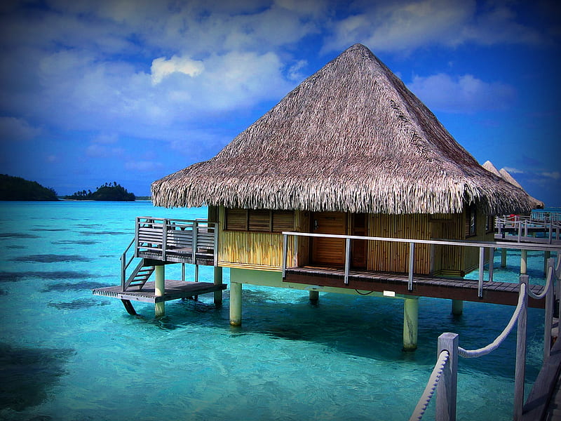 Paradise, hut, stairs, straw, clouds, sea, bora bora, railing, room, tahiti, blue, HD wallpaper