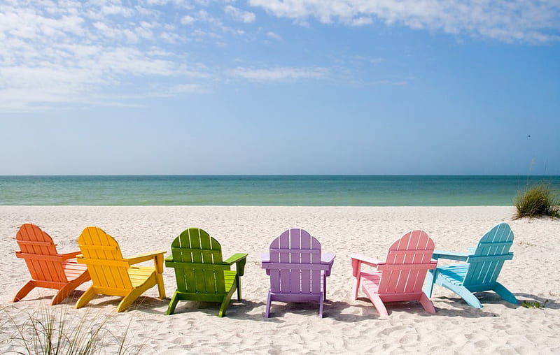 Colorful, sun, grass, sky, clouds, sea, beach, sand, wood chair, summer, chairs, HD wallpaper