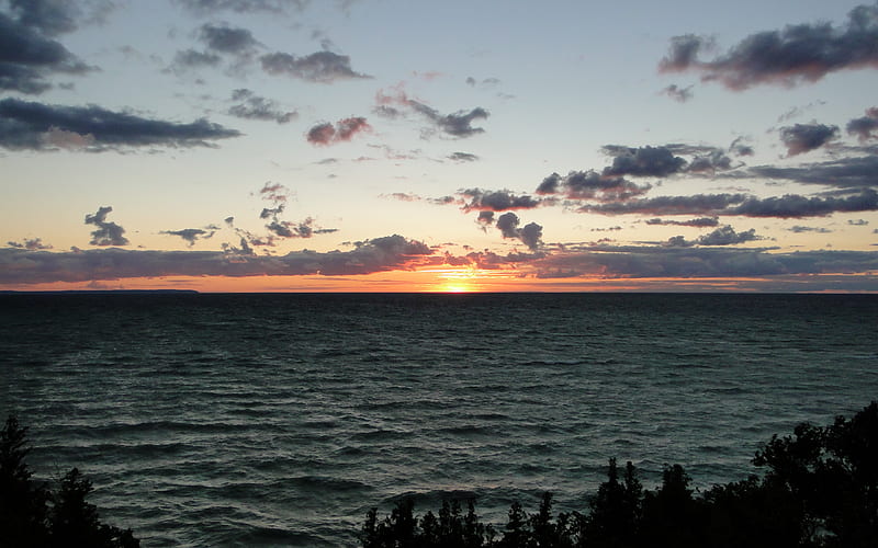 Lake Michigan Sunset, beautifulshore, lakes, nature, twilight, waves, trees, clouds, HD wallpaper
