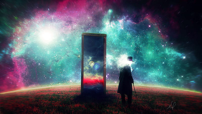 man, gate, galaxy, nebula, walking stick, dream, surrealism, Fantasy, HD wallpaper