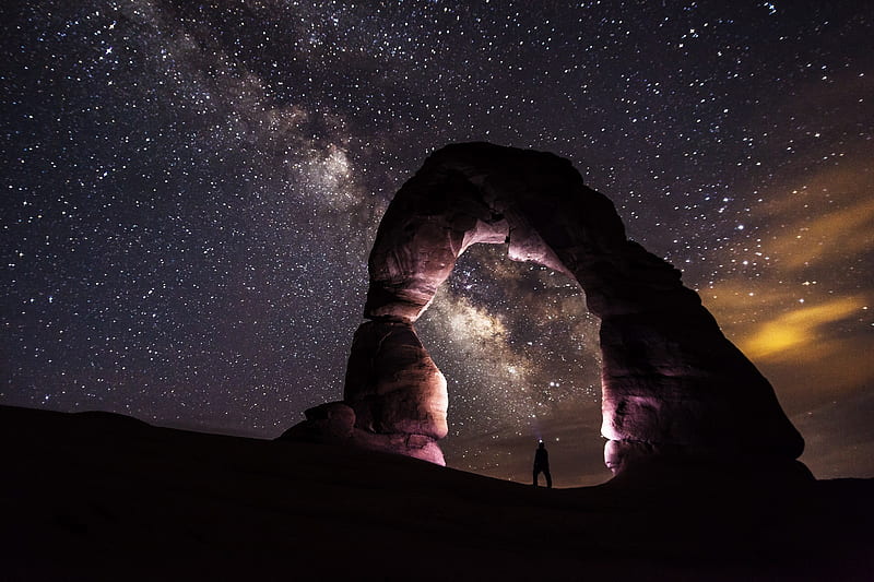 Person Under Delicate Arch at Night, HD wallpaper