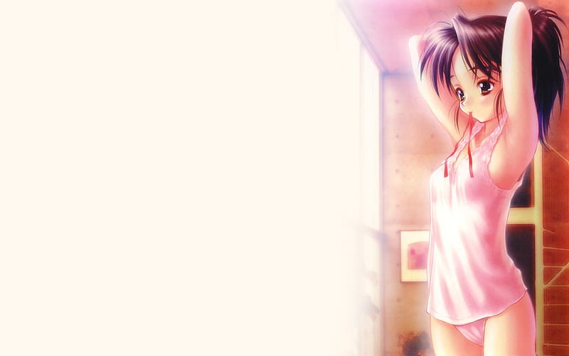....this Morning!, red, good morning, sun, brown, shine, every morning, door, stretch, anime, anime girl, morning, pink, brown hair, clean, panty, cute, girl, sunshine, white, HD wallpaper
