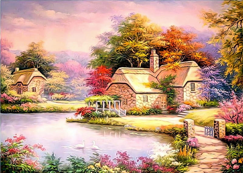 ★Garden on Lake★, architecture, stunning, cottages, gardening, attractions in dreams, bonito, most ed, seasons, paintings, flowers, cabins, animals, lakes, lovely, bridges, love four seasons, creative pre-made, spring, trees, swans, paradise, best of the best, gardens and parks, nature, HD wallpaper