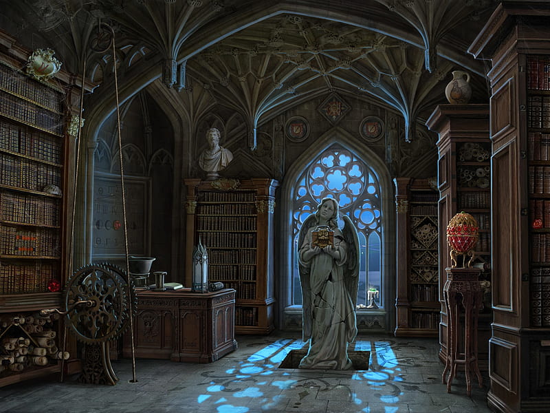 Library, fantasy, room, angel, luminos, game, olga antonenko, HD wallpaper