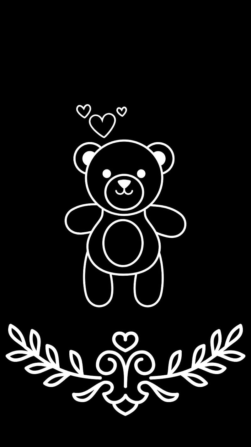 Teddy bear, bear, black, cuddly, cute, dark, heart, leaf, simple, teddy, HD phone wallpaper