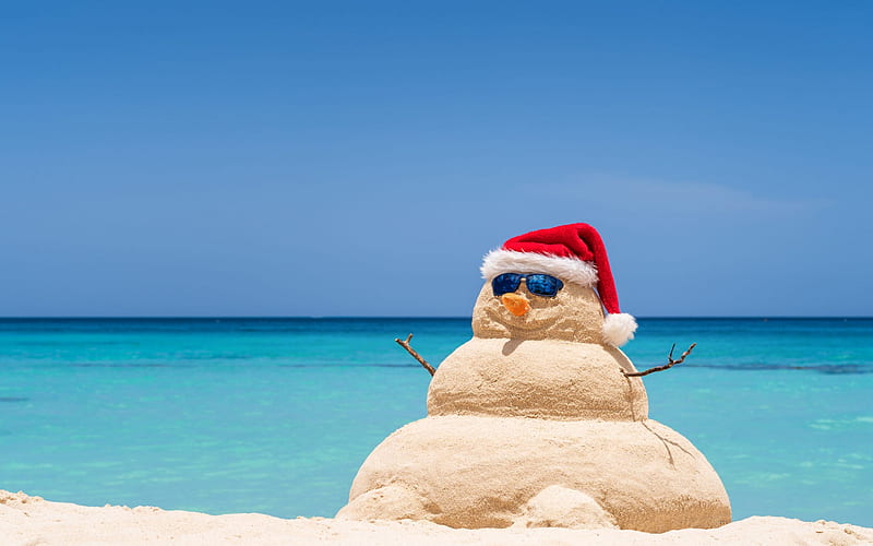 Snowman made of sand, Christmas on a tropical island, Sandy snowman, New Year, Christmas on the beach, HD wallpaper