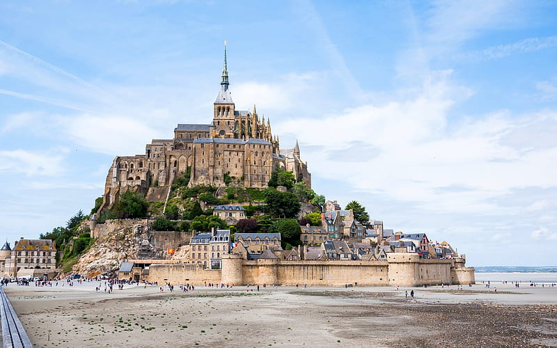 Mont-Saint-Michel, rocky island, ancient fortresses, landmarks, Normandy, France, HD wallpaper