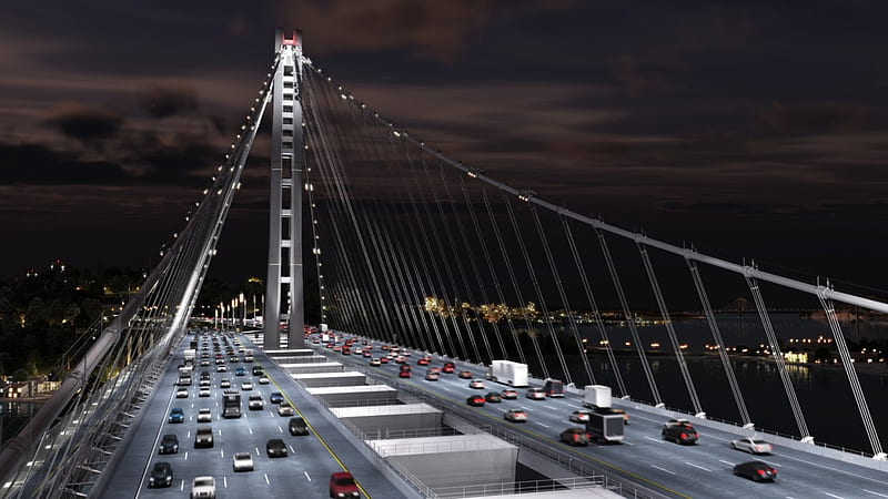 amazing modern wide bridge, modern, bridge, tower, wide, night, HD wallpaper