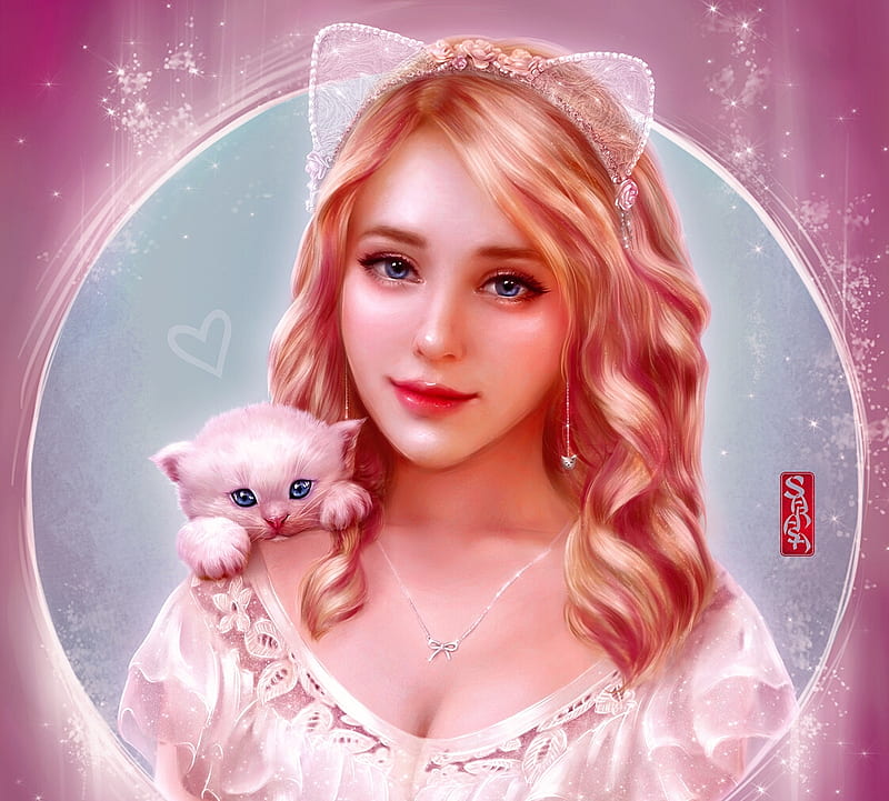 Cat girl, white, pisici, pink, cat, kitten, frumusete, luminos, ears, lana paluhina, cute, fantasy, girl, HD wallpaper