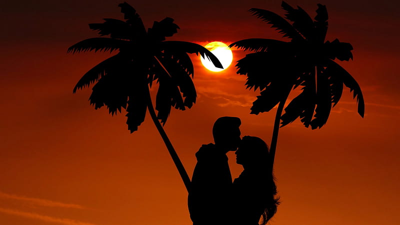 :-), silhouette, palm tree, couple, moon, orange, black, rene rauschenberger, lovers, moon, vara, summer, night, HD wallpaper