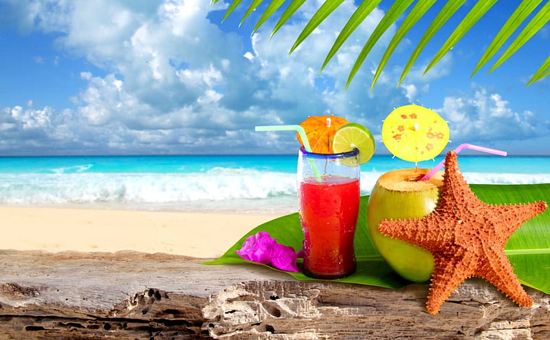Tropic Cocktails, isle, shore, sun, glasses, clouds, sea, beach, graphy, SkyPhoenixX1, blue, vacation, cocktail, holiday, drinks, ocean, waves, sky, abstract, water, paradise, summer, sunshine, island, coast, HD wallpaper