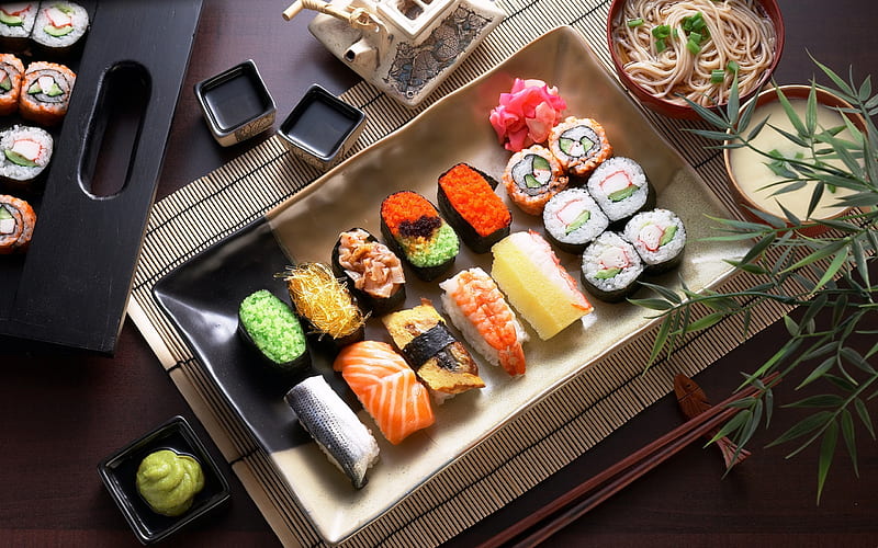 sushi, Japanese food, rolls, nigiri, gunkany, poppies, uramaki, HD wallpaper