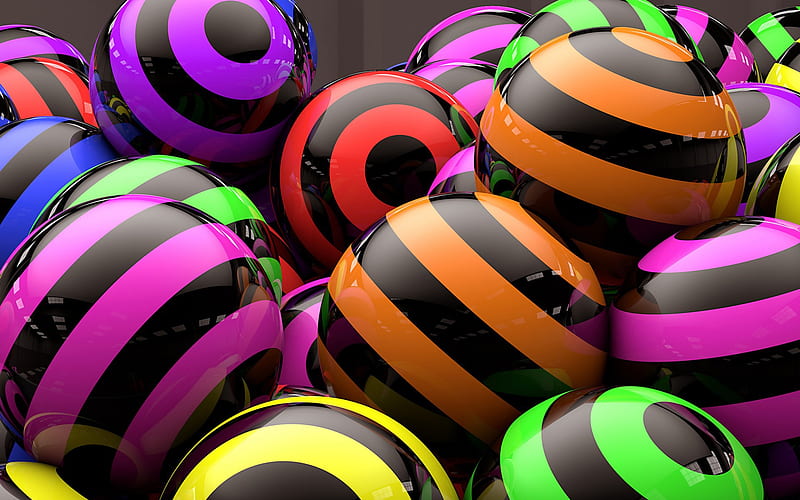 colorful 3D spheres, close-up, 3D balls, creative, multi-colored spheres, HD wallpaper