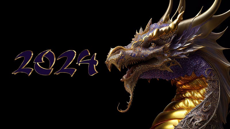 Happy New Year!, chinese zodiac, black, golden, dragon, 2024, new year, HD wallpaper