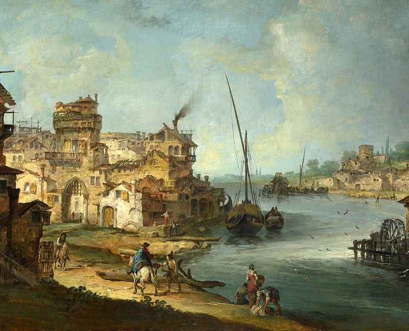 Michele Marieschi - Buildings and Figures Near a River With Shipping, painting, eighteenth century, landscape, italy, HD wallpaper
