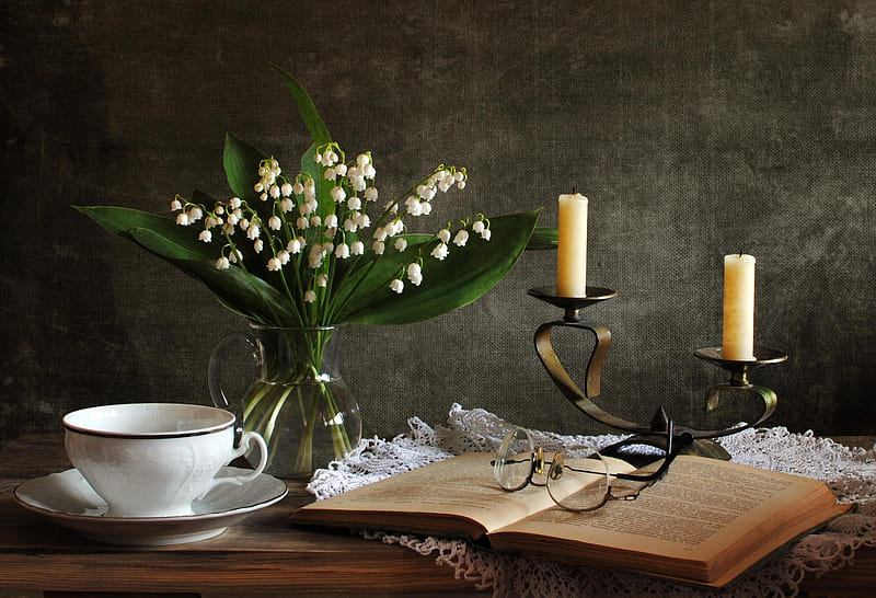 still life, pretty, lily of the valley, lace, glasses, book, bonito, old, candlestick, graphy, nice, jug, flowers, harmony, candle, lovely, spring, candles, glass, water, cool, flower, HD wallpaper
