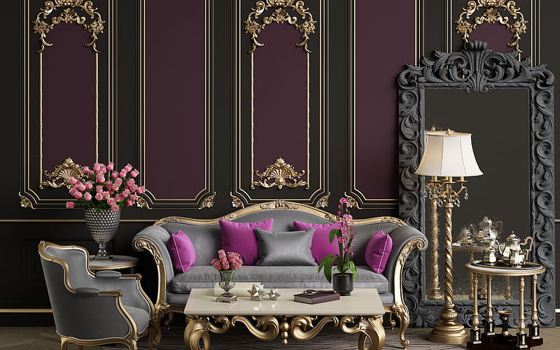 classic stylish interior, living room, gold ornaments on the walls, violet-black walls in the living room, classic interior design, HD wallpaper