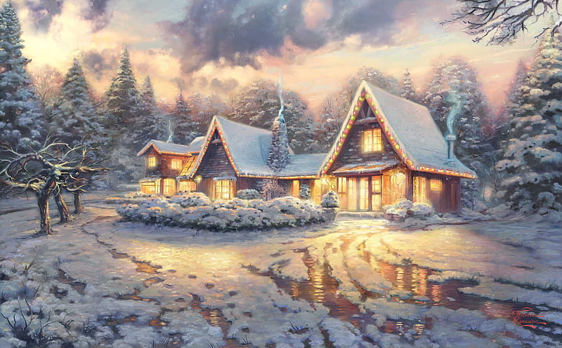 Christmas Lodge - Thomas Kinkade, forest, art, high resolution, cottage, christmas, lodge, Thomas Kinkade, winter, Kinkade, painting, Xmas, HD wallpaper