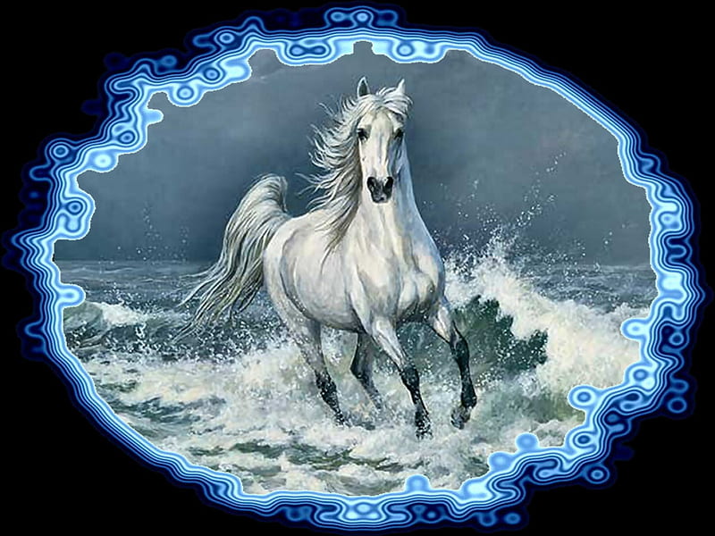 Surf Run - Horse F1C, art, persis clayton weirs, weirs, ocean, equine, surf, waves, horse, sea, beach, persis weirs, painting, gris, HD wallpaper