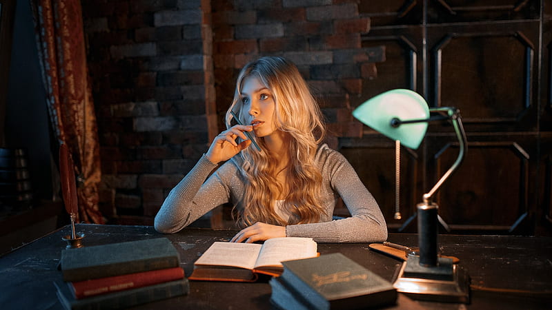 blonde woman, looking away, lamp, night, book, Girls, HD wallpaper