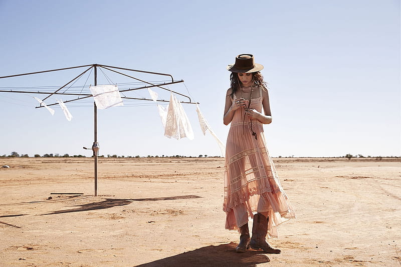 Cowgirl Natural Dryer.., female, desert, dress, models, hats, cowgirl, boots, fun, clothes carousel, outdoors, women, brunettes, girls, fashion, western, style, HD wallpaper