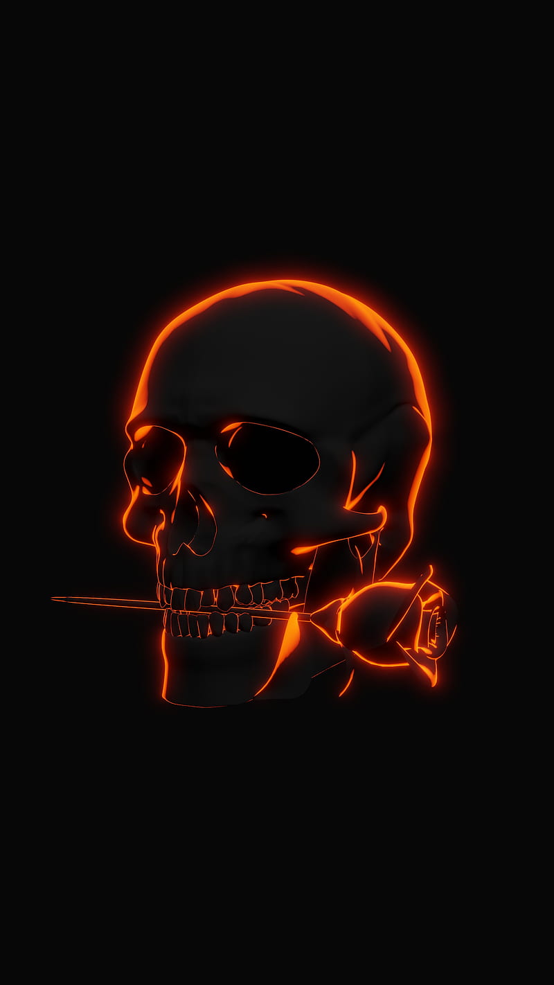 Skull Rose Dark Side, black, glow, neon, orange, red, roses, HD phone wallpaper