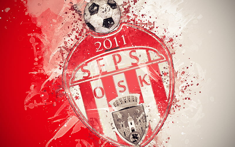 Sepsi OSK paint art, logo, creative, Romanian football team, Liga 1, emblem, red background, grunge style, Sfintu Gheorghe, Romania, football, FC Sepsi, HD wallpaper