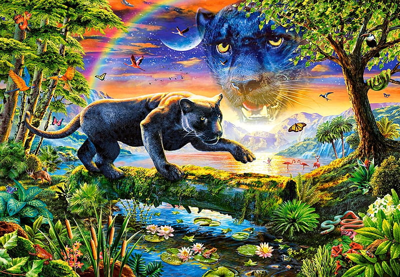 Spirit of Black Panther, sunset, trees, cat, artwork, predator, ghost, painting, flowers, river, HD wallpaper
