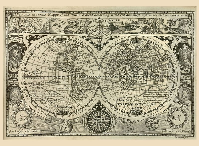 Historic map of the world 1628, Map, Illustration, World Map, Cartography, HD wallpaper