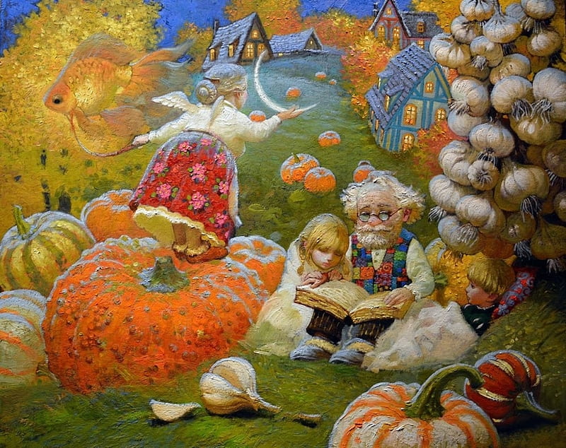 Grandfather's fairytales, victor nizovtsev, grandfather, art, luminos, angel, children, fairytale, fantasy, pumpkin, copil, painting, childhood, pictura, HD wallpaper