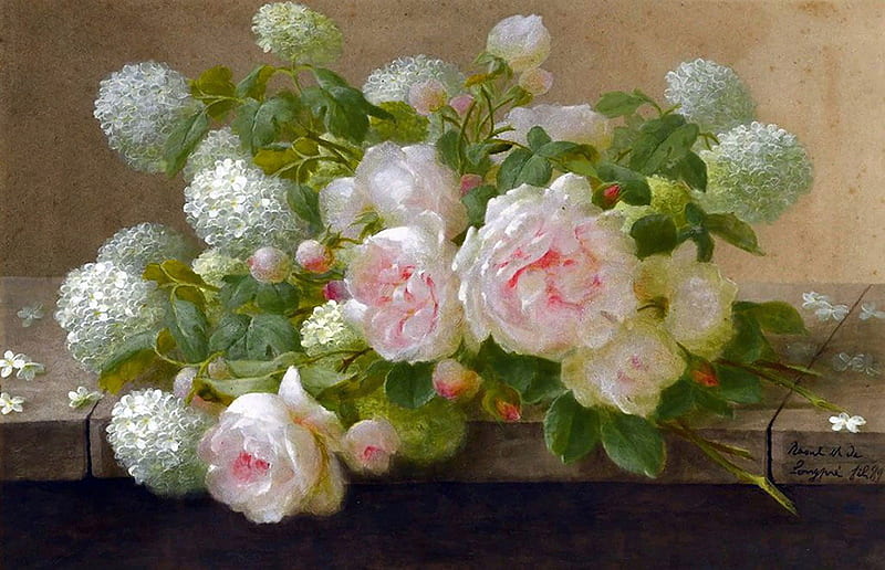Roses and hydrangeas, art, hydrangea, rose, green, painting, flower, white, pictura, pink, HD wallpaper