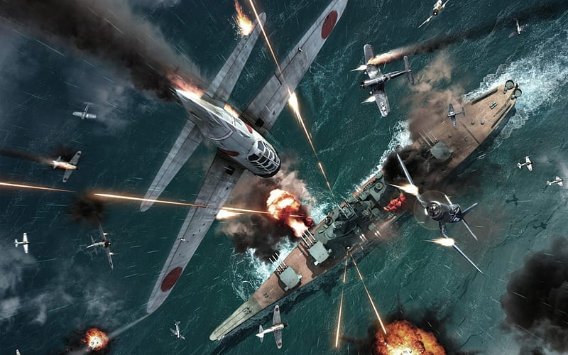 War Art - Battle At Sea, German, Allies, Ships, Aircraft, HD wallpaper