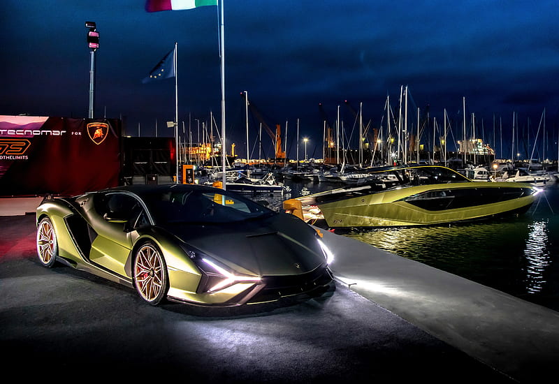 Lamborghini car & yacht, luxurious, HD wallpaper