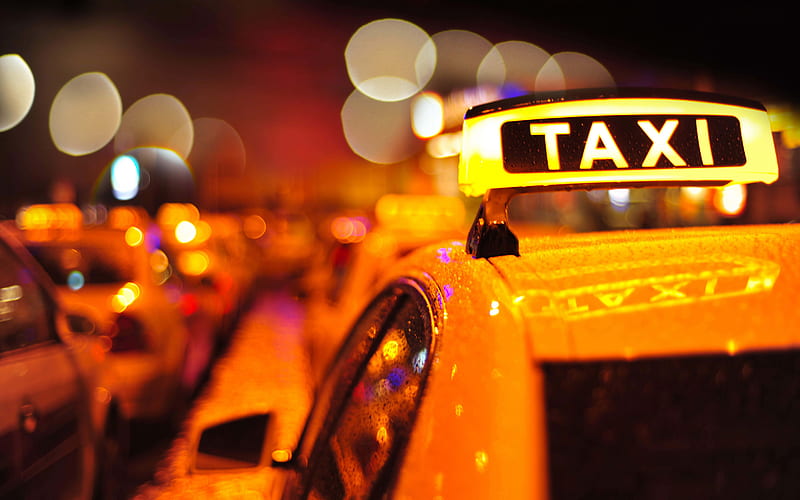 Taxi, evening, taxi cars, Taxi yellow sign, taxi concepts, night, HD wallpaper