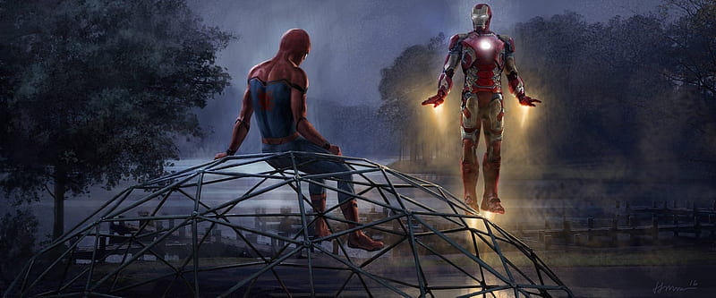 Iron Man And Spiderman Artwork, spiderman-homecoming, 2017-movies, movies, super-heroes, iron-man, spiderman, HD wallpaper