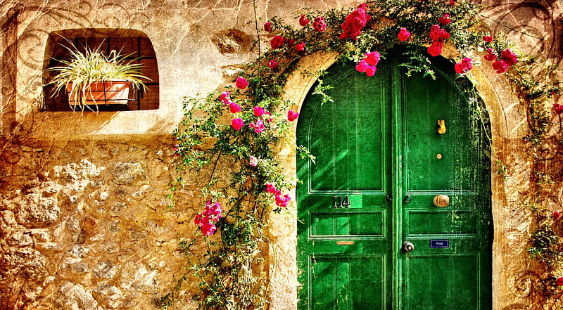 The Green Door 1, architecture, art, green door, roses, illustration, artwork, painting, doorway, wide screen, HD wallpaper