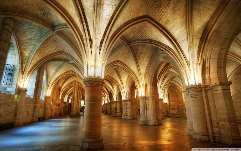 cathedral, hallways, arches, lights, HD wallpaper