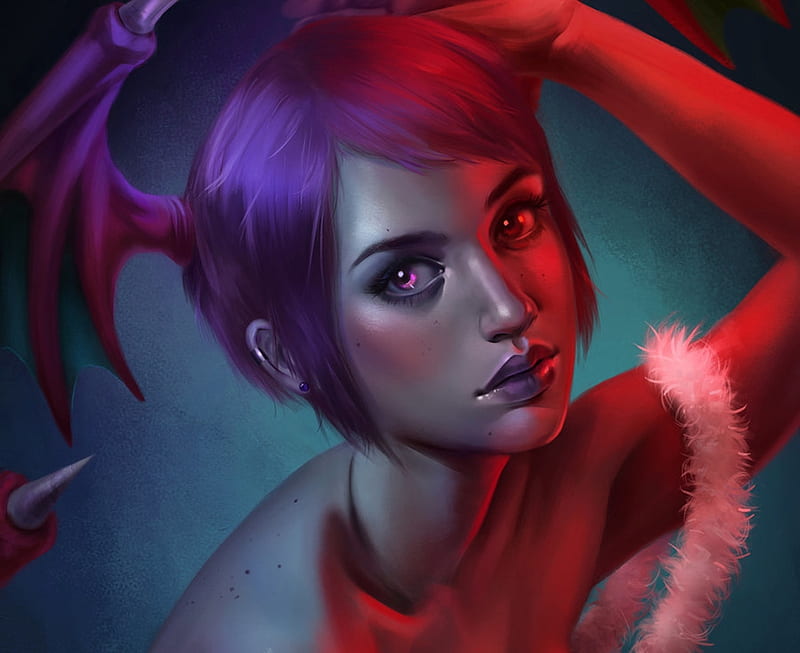 Lilith, red, art, wings, lilth, darkstalkers, luminos, fantasy, girl, purple, bat, face, HD wallpaper Lilith, red, art, wings, lilth, darkstalkers, luminos, fantasy, girl, purple, bat, face, HD wallpaper