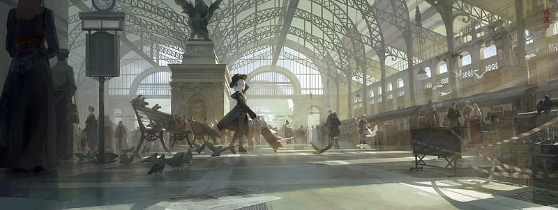 anime train station, people, crowd, road to hogwarts, Anime, HD wallpaper