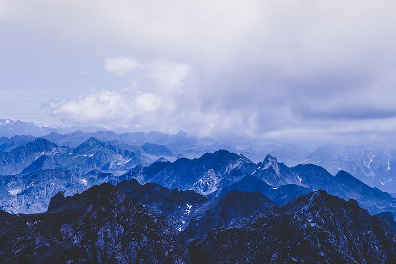 mountains, peaks, clouds, blue, HD wallpaper