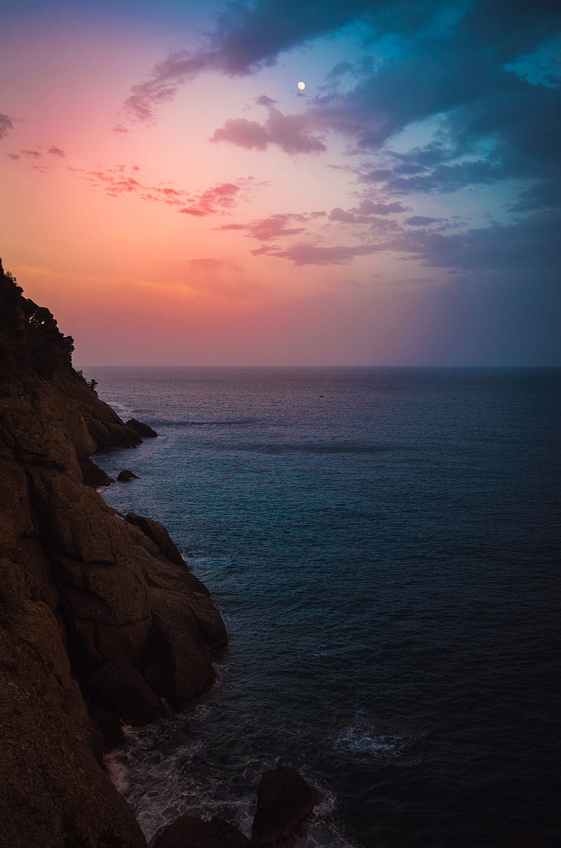 sea, rock, twilight, water, shore, horizon, HD phone wallpaper