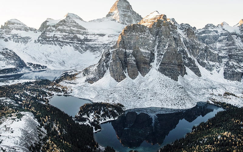 winter landscape, rocky mountains, Canada, snow, winter mountain lake, HD wallpaper