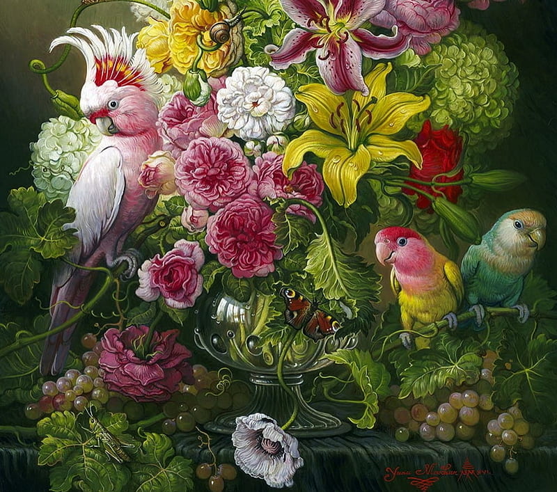 Still life with parrots, flower, pasari, parrot, pink, art, still life, green, bird, yana movchan, painting, pictura, HD wallpaper