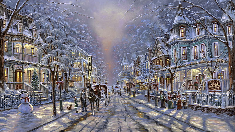 Christmas Scene F2, Christmas, art, holiday, December, illustration, artwork, snow, painting, wide screen, occasion, scenery, HD wallpaper