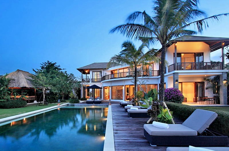 Hermosa casa, casa, piscina, luces, lujo, Fondo de pantalla HD | Peakpx