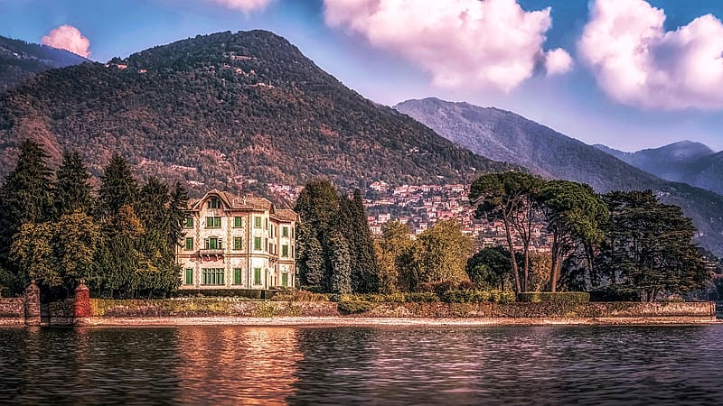 Villa Erba, Lake Como, Italy, reflections, landscape, clouds, trees, sky, water, mountains, HD wallpaper