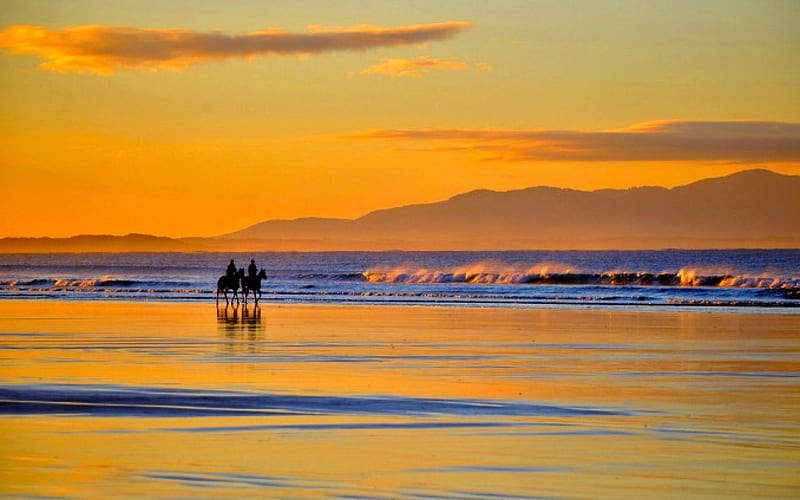 JOURNEY BREAK, the sea, Victoria, Waratah Bay, the riders, sunset, Australia, horses, landscape, HD wallpaper