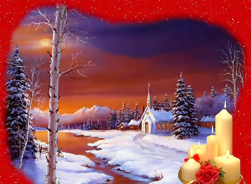 Noel, stream, pretty, house, vold, cabin, eve, lights, nice, village, flowers, lovely, christmas, new year, sky, trees, winter, snow, ice, moonlight, landscape, cottage, bonito, flame, moon, painting, river, frost, creek, roses, candles, snowflakes, frozen, HD wallpaper